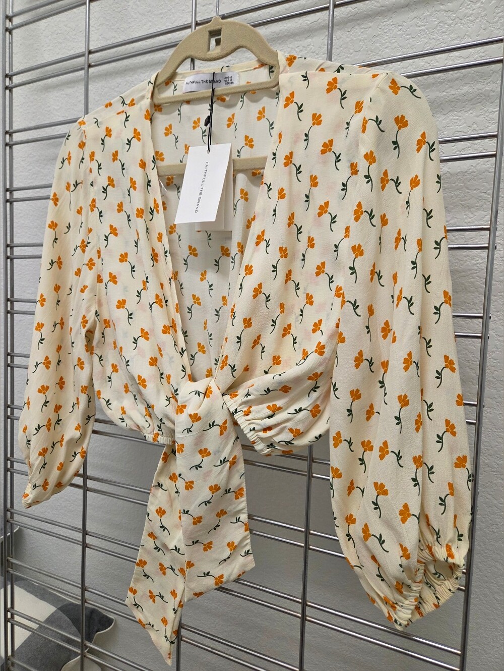 Faithfull the Brand Cream Tie-Front Blouse with Orange Floral Print